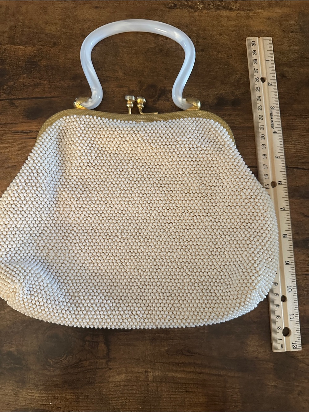 Vintage Cream Beaded Lucite Top-Handle Women's Bag - Picture 5 of 6